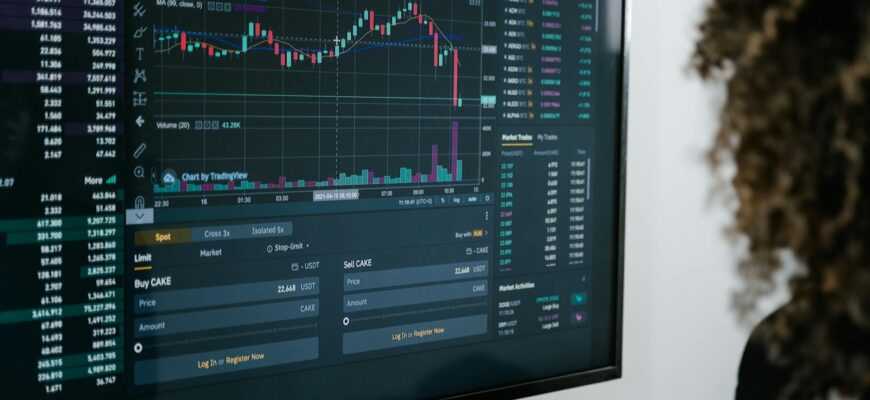 Detailed view of a financial analysis chart on a monitor with cryptocurrency trading data.