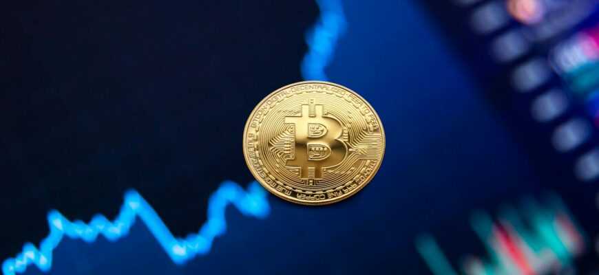 A gold Bitcoin coin against a backdrop of a digital financial chart, symbolizing cryptocurrency trading.