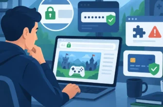 Utilizator care verifică siguranța unui joc de browser înainte de creare cont și plată.