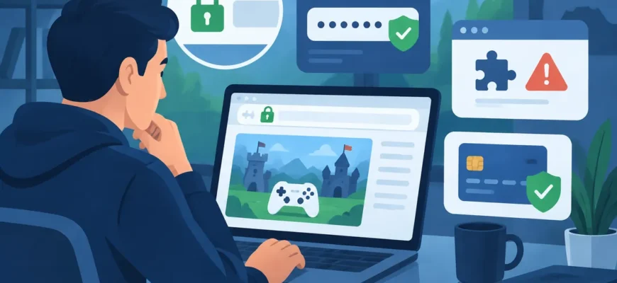 Utilizator care verifică siguranța unui joc de browser înainte de creare cont și plată.